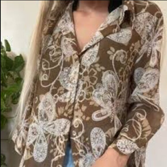 Alfred Dunner Women's Sheer Brown Cream Butterfly Floral Button Front Blouse - Picture 1 of 10
